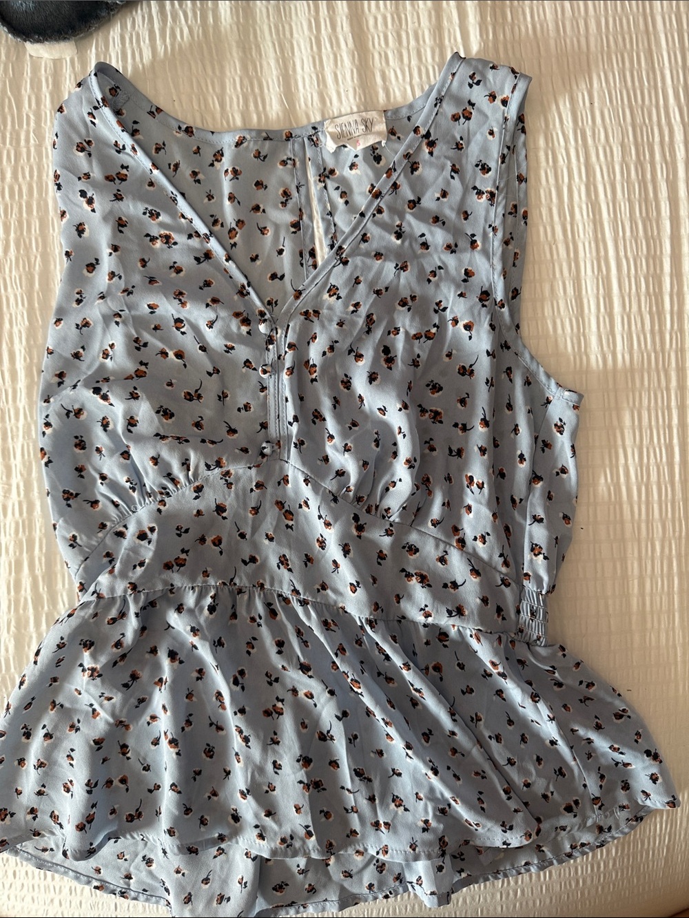 Sienna Sky Light Blue Floral V-Neck Ruffled Peplum Tank
